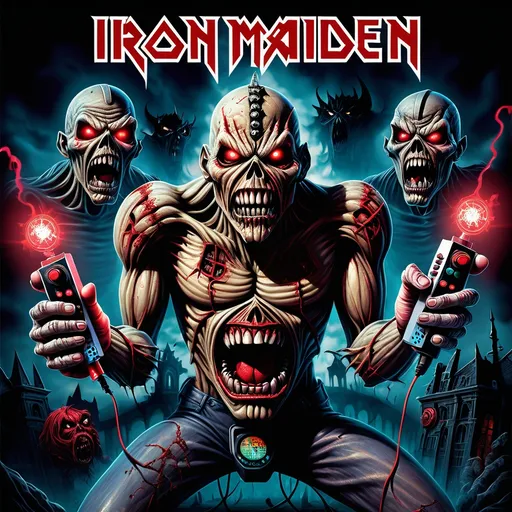 Prompt: (iron maiden poster), (demonic face), two demonic faces holding video game controllers, dark and moody background, intricate gothic art style, comic cover art inspired, album cover design, vivid details and textures, dramatic lighting, hauntingly captivating ambiance, high quality 4K resolution, striking colors of deep reds and blacks.