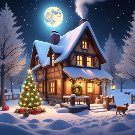 Prompt: (building a cozy cottage in the snow), (smoke gently rising from the chimney), (starry night sky with a glowing moon), (soft snowflakes falling), (near a beautifully decorated Christmas tree with lights and a star), (surrounded by adorable animals and birds), enchanting winter atmosphere, (vibrant colors), (warm and inviting mood), (highly detailed, 4K resolution), (whimsical and magical scene).