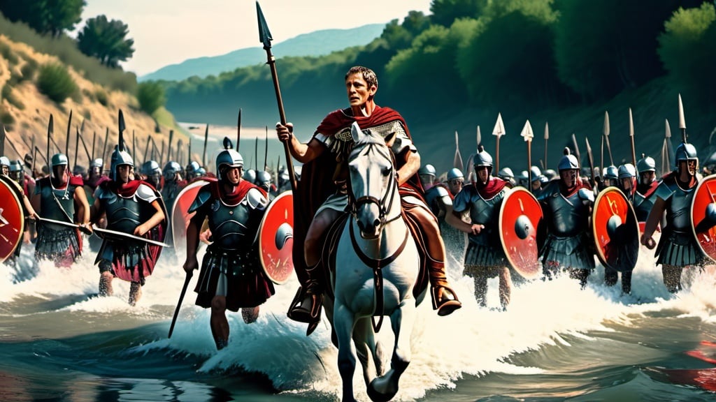 Prompt: julius caesar crossing the rubicon river with his roman army. Faces look extremely realistic and in 4k HD quality