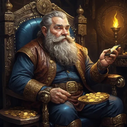 Prompt: Fantasy illustration of a dwarf, smartphone in left hand, grabbing gold coins with right hand, sitting on chair, rich colors, high contrast lighting, detailed beard and wrinkles, intricate metalwork on phone, ancient and mystical, gold coins, ornate chair, vivid colors, detailed fantasy, high quality, rich fantasy style, high contrast lighting, detailed beard and wrinkles, intricate metalwork, ancient, mystical