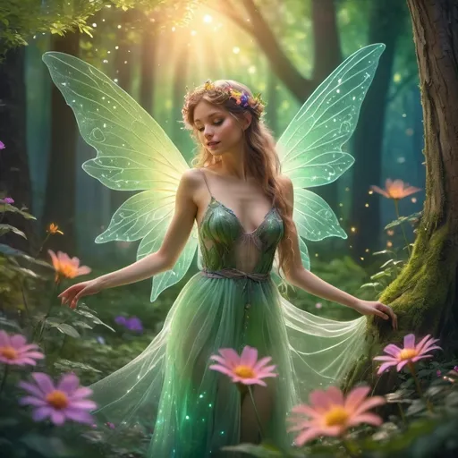 Prompt: (fairy in the woods), whimsical atmosphere, ethereal lighting, vibrant greens and soft pastel colors, magical glow surrounding the fairy, intricate details on wings, surrounded by colorful flowers and sparkling fae dust, enchanting forest with towering trees, serene and dreamlike ambiance, ultra-detailed, 4K resolution, enchanting and magical mood, inviting soft sunlight filtering through leaves.