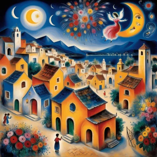 Prompt: Marc Chagall, style painting, primitive, surreal, (Fireworks exploding) over a vibrant Mexican village at night, (plaza, Angels Chagall influence), celebrating life, (whimsical night sky), colorful explosions, lake Chapala, flowers, Swirling night sky illuminating traditional architecture, rustic rooftops, warm golden tones, (festive atmosphere), high detail and contrast, enchanting moon, ambiance, (oil painting style), masterful strokes creating a joyful and lively scene, (high definition, ultra-detailed).