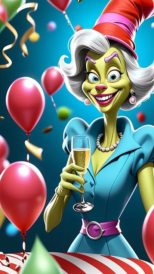 Prompt: Dr Seuss style, 3D animation, laughing, Whoville granny holding champagne glass BG whoville new year streamers confetti balloons fireworks 