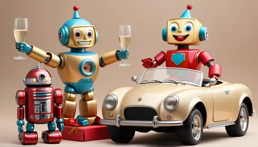 Prompt: Vintage toys cars and robots champagne and  happy new year 2025 slogan