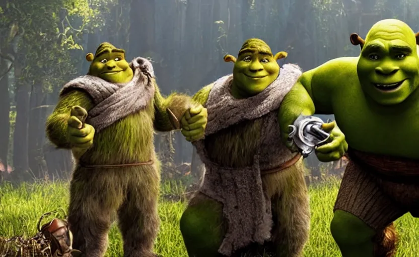 Prompt: Movie still of shrek wearing warrior armor showing his golden sword