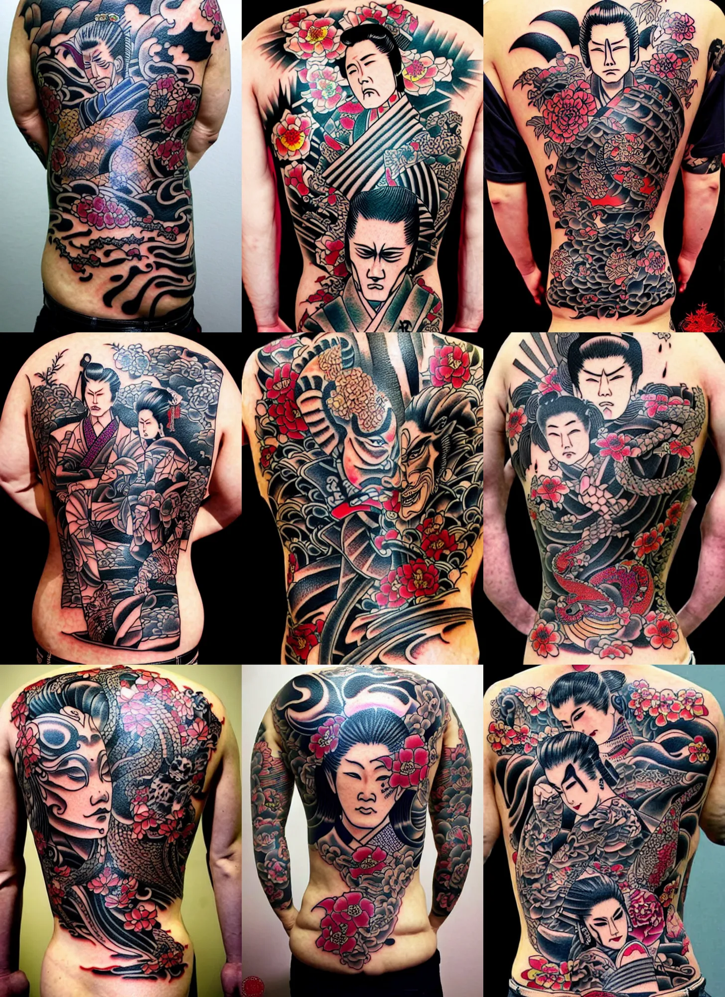 yakuza tattoos on a sitting geisha back with intricate | Stable Diffusion