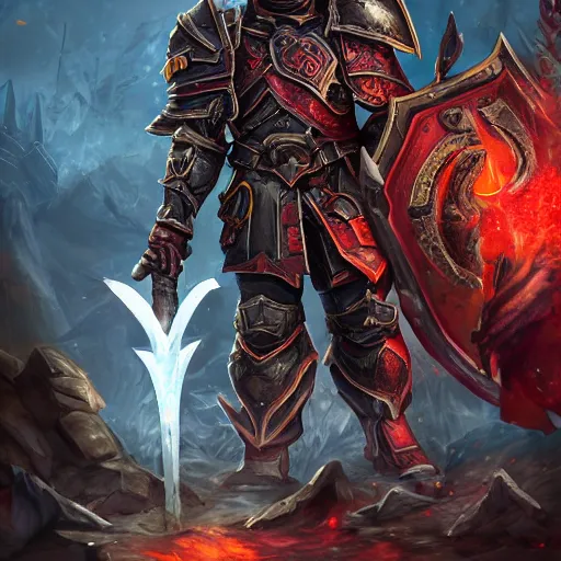 Prompt: Ares with heavy armor and sword, dark sword in Ares's hand, war theme, bloodbath battlefield, fiery battle coloring, hearthstone art style, epic fantasy style art, fantasy epic digital art, epic fantasy card game art