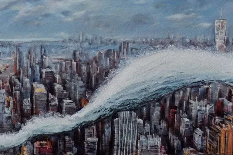 tidal wave crashing over manhattan, bird's eye view, | Stable Diffusion ...