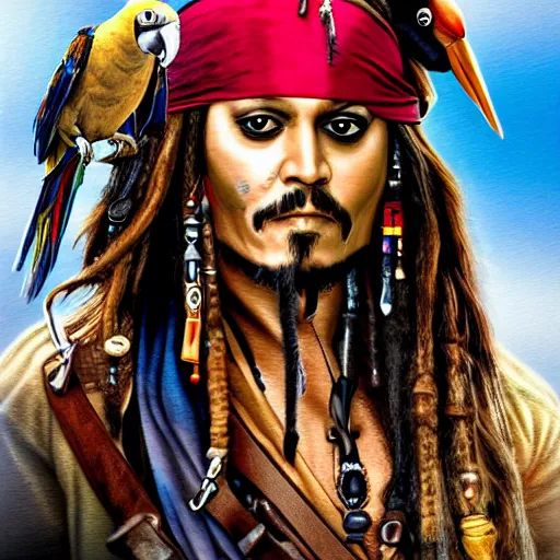 Prompt: jack sparrow with a parrot on the shoulder, portrait, 8k resolution, hyper detailed, realistic eyes