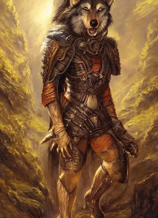 Prompt: a portrait painting of a wolf shepard, ultra detailed fantasy, dndbeyond, dnd character portrait, full body, pathfinder, pinterest, art by ralph horsley, karol bak, ed binkley