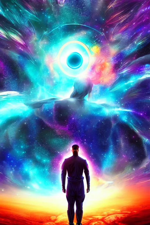 Prompt: galaxy bender floating experiencing the quantum field, elevated consciousness, beautiful astrological neural network, matte painting and comic book art, twist of time, realistic, trending on artstation, sharp focus, depth of field, cinematic composition, physics splashes of colors, science fiction