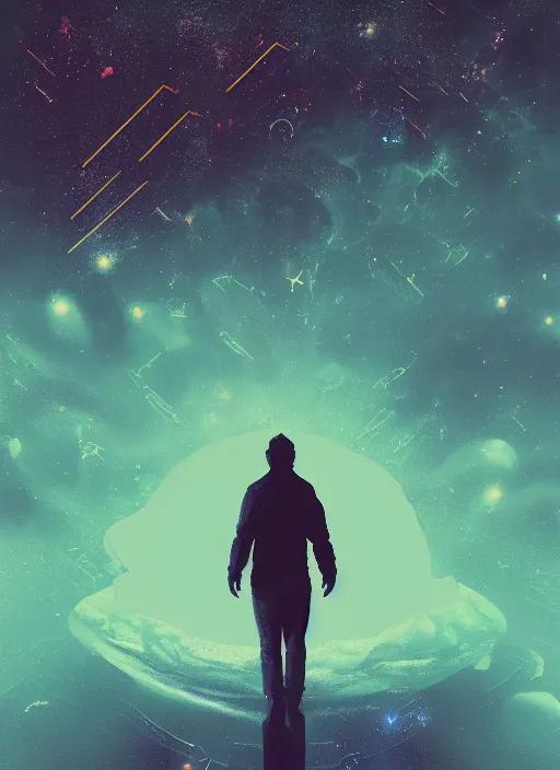 Image similar to person standing in the middle of a space filled with stars, an album cover by petros afshar, cgsociety, space art, quantum wavetracing, chillwave, kinetic