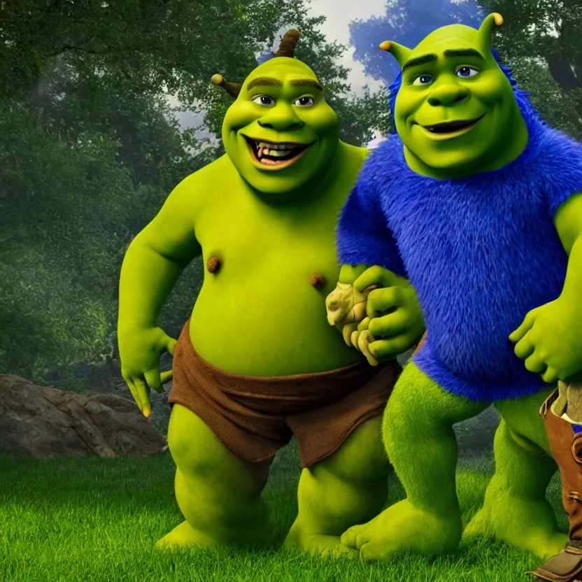 Image similar to shrek and sonic holding hands in a park, cinematic lighting, volumetric lighting, award winning photography, highly detailed, intricate, sharp focus, 4 k wallpaper, unreal engine, 9 0 mm, f / 1. 4