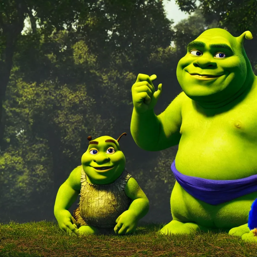 Image similar to shrek and sonic holding hands in a park, cinematic lighting, volumetric lighting, award winning photography, highly detailed, intricate, sharp focus, 4 k wallpaper, unreal engine, 9 0 mm, f / 1. 4