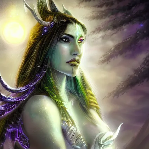 Prompt: masterpiece digital painting portrait of tyrande whisperwind, close view, moonlight, elf forest background, at night, by luis royo, warcraft, artstation, deviantart, unreal engine, 8 k, cinematic lights