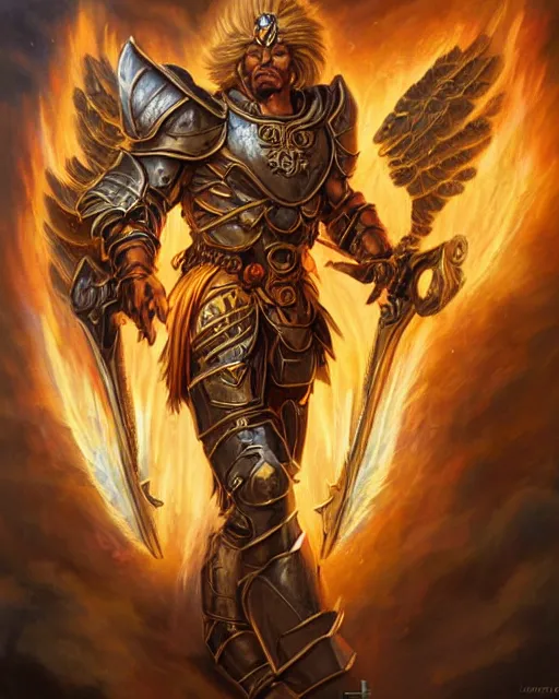 Prompt: mtg character portrait of a brawny male leonin knight african lion angel of justice, with golden fiery wings of flame wearing shining plate armor, wielding flaming sword and holding large glowing shield by peter mohrbacher, greg rutkowski, larry elmore, george pemba, ernie barnes, raymond swanland, magali villeneuve, trending on artstation