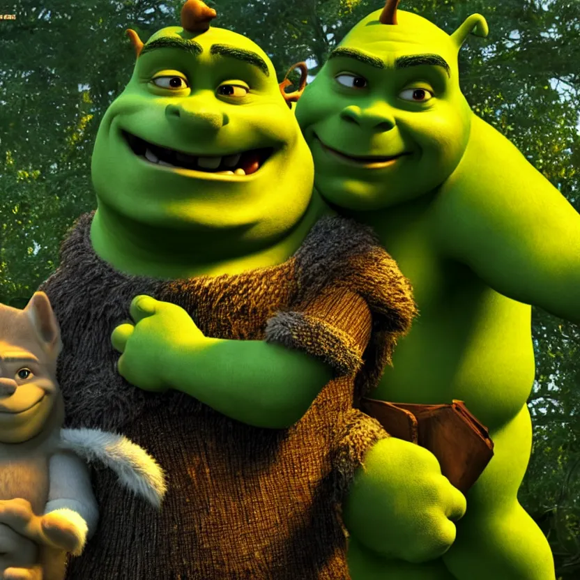 Image similar to shrek and sonic holding hands in a park, cinematic lighting, volumetric lighting, award winning photography, highly detailed, intricate, sharp focus, 4 k wallpaper, unreal engine, 9 0 mm, f / 1. 4