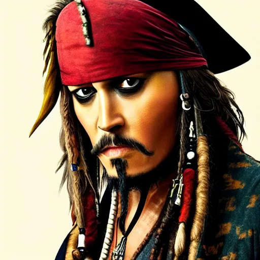 Prompt: jack sparrow with a parrot on the shoulder, portrait, 8k resolution, hyper detailed, realistic eyes, studio lighting, cinematic