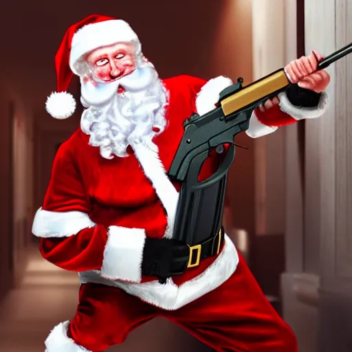 Prompt: santa claus scared, holding a shotgun indoors photorealistic 4 k