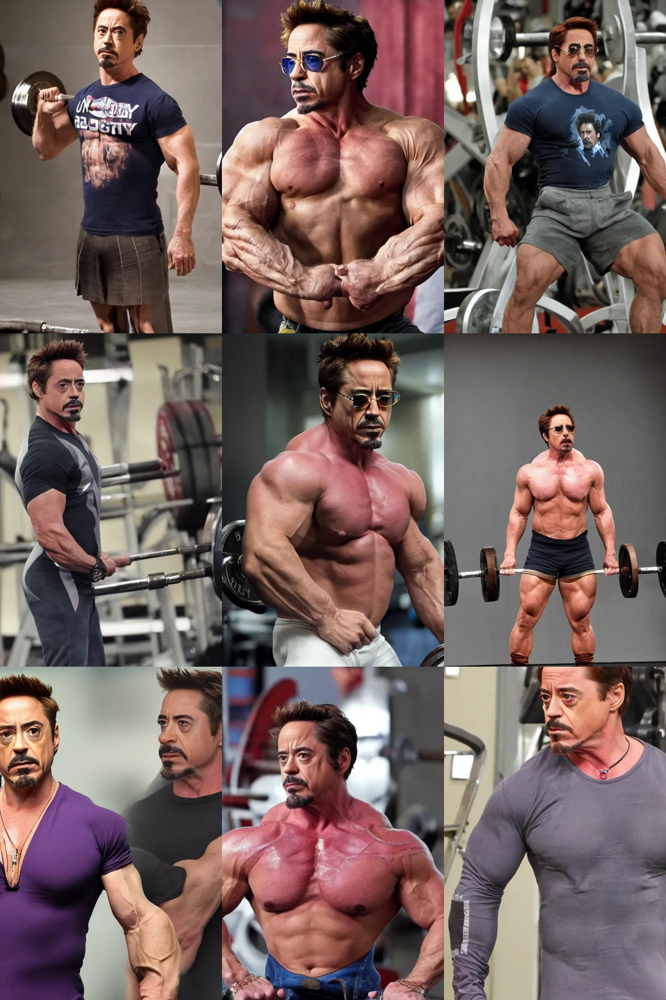 Prompt: robert downey jr as a powerlifter, masculine, muscular, handsome, powerful, bulky, tight shirt, 4 k hd