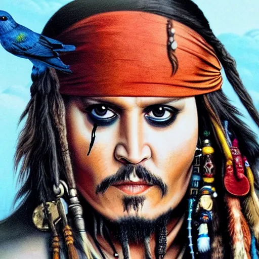 Prompt: johnny depp as jack sparrow with a parrot on the shoulder, realistic portrait, 8k resolution, hyper detailed, dramatic lighting, cinematic