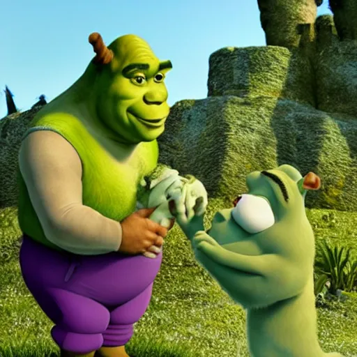 Prompt: Shrek eating Donkey