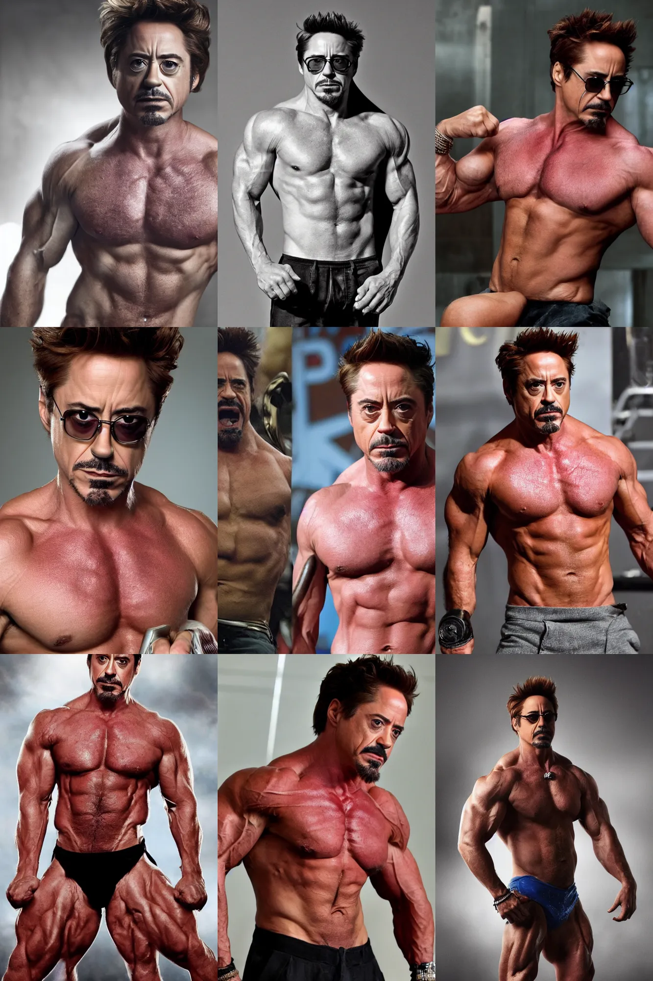 Prompt: robert downey jr as a bodybuilder, masculine, hairy torso, 4 k hd