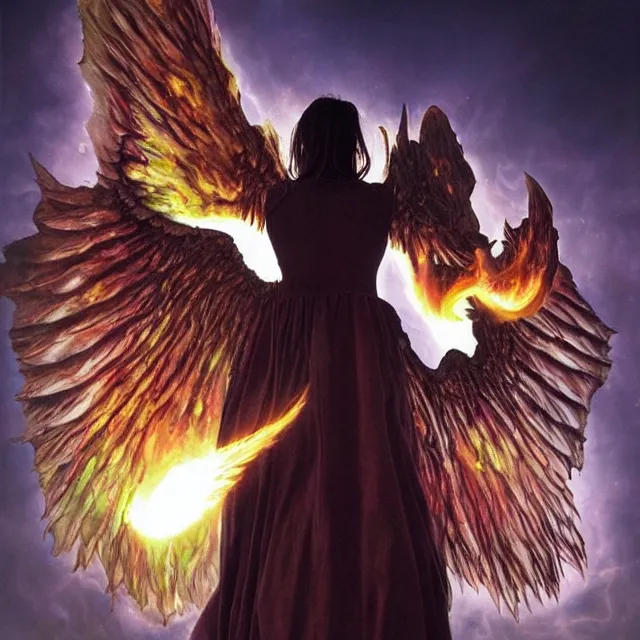 a demon with huge nacreous fire wings, standing in | Stable Diffusion ...