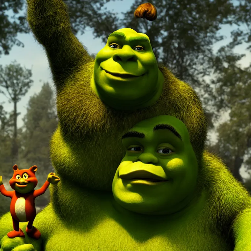 Image similar to shrek and sonic holding hands in a park, cinematic lighting, volumetric lighting, award winning photography, highly detailed, intricate, sharp focus, 4 k wallpaper, unreal engine, 9 0 mm, f / 1. 4