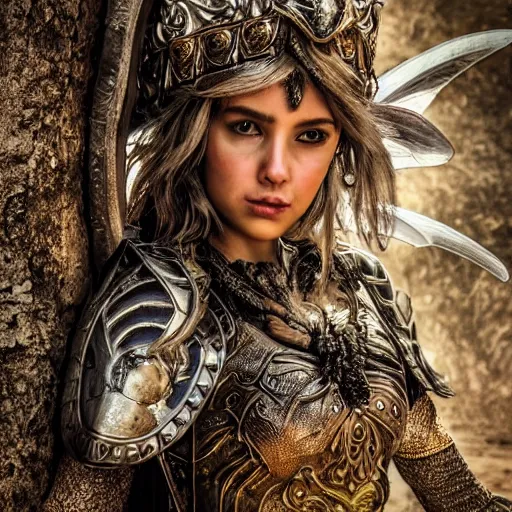 Prompt: photo of a beautiful fairy warrior with ornate armour, highly detailed, 4k, HDR, award-winning photo