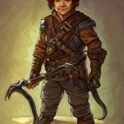 Prompt: full body portrait of scowling halfling male rogue, shifty smile, untrusting paranoid adventurer, fantasy, highly detailed, digital painting, sharp focus, hand - drawn character concept illustration, art by artgerm, john howe and alphonse mucha