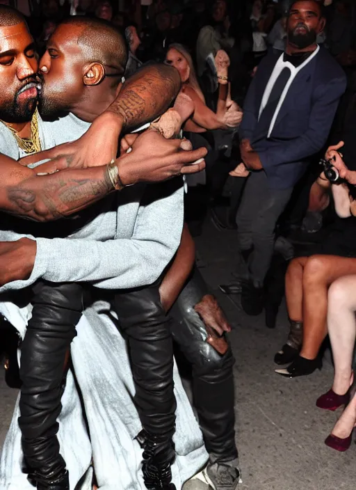 Prompt: a photograph of Kanye West passionately making out with Kanye West