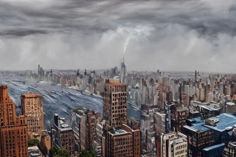 tidal wave crashing over manhattan, bird's eye view, | Stable Diffusion ...