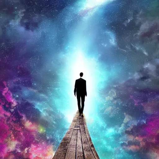 Prompt: energetic man in business suet walk on milky way, acrilic paint, digital, artstation, detailed intricate ink illustration, heavenly atmosphere, digital art, overdetailed art, concept art, complementing colors, trending on artstation, cgstudio, the most beautiful image ever created, dramatic, subtle, details, award winning artwork, beautiful scenery