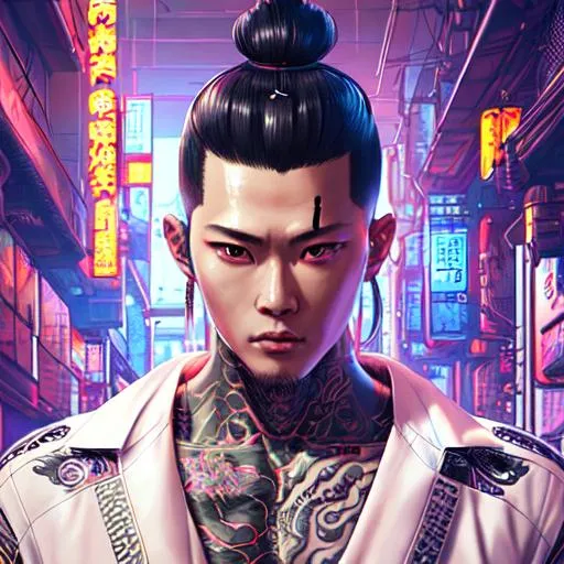 Portrait of Japanese yakuza bionic young man, cyberp...