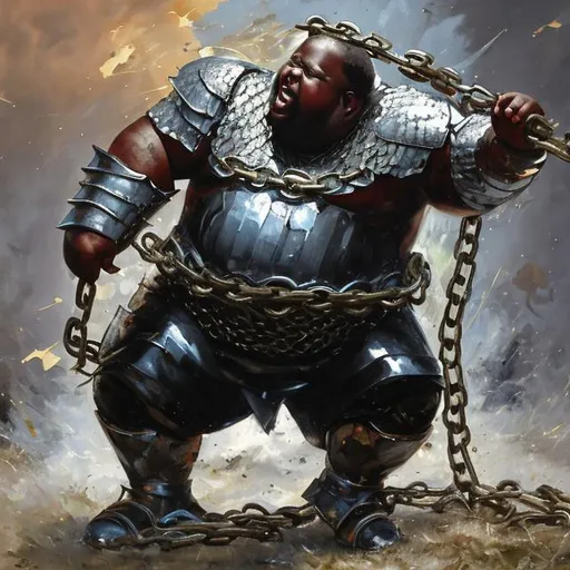 Prompt: Oil painting of fat black man with chain armor fighting in battle