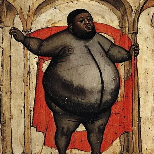 Prompt: Medieval painting of fat black man