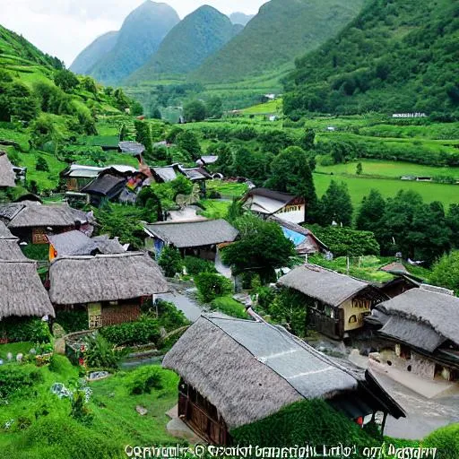 Prompt: A small village nestled in a valley, surrounded by mountains. The village is made up of traditional houses with thatched roofs. The village is surrounded by lush green fields and forests. A river flows through the valley, and there is a waterfall in the distance. The sun is shining, and the sky is blue. There is a sense of peace and tranquility in the air.