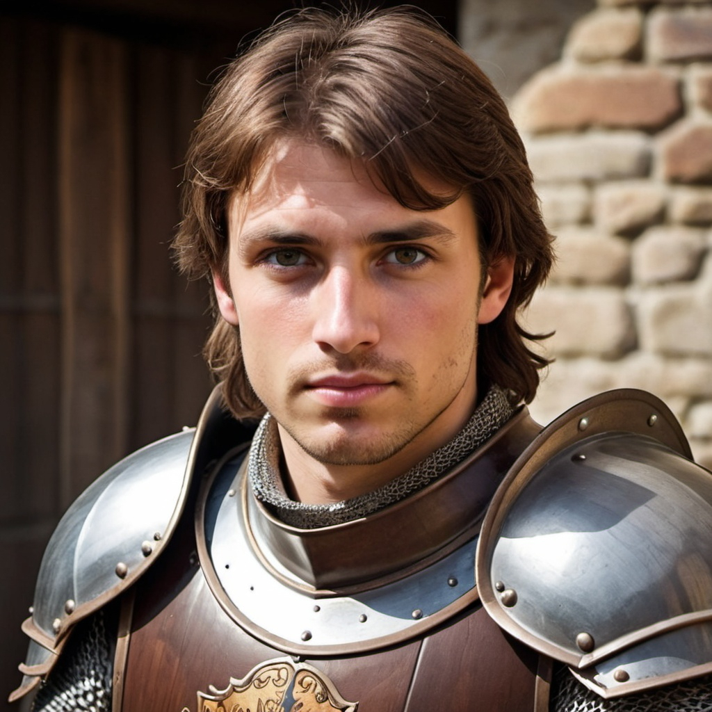 a beautiful knight, around 30 years old, brown hair,...