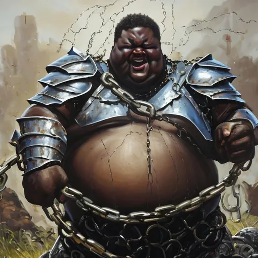 Prompt: Oil painting of fat black man with chain armor fighting in battle