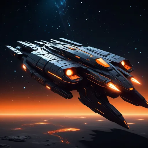 Prompt: (gigantic sleek spaceship), (black hull with geometric points and edges), glowing orange lights, heavily armed with advanced weaponry, futuristic design, metallic textures, expanse of a starry sky as the background, (highly detailed), sci-fi ambiance, dramatic lighting, (4K resolution), sleek aerodynamic silhouette.