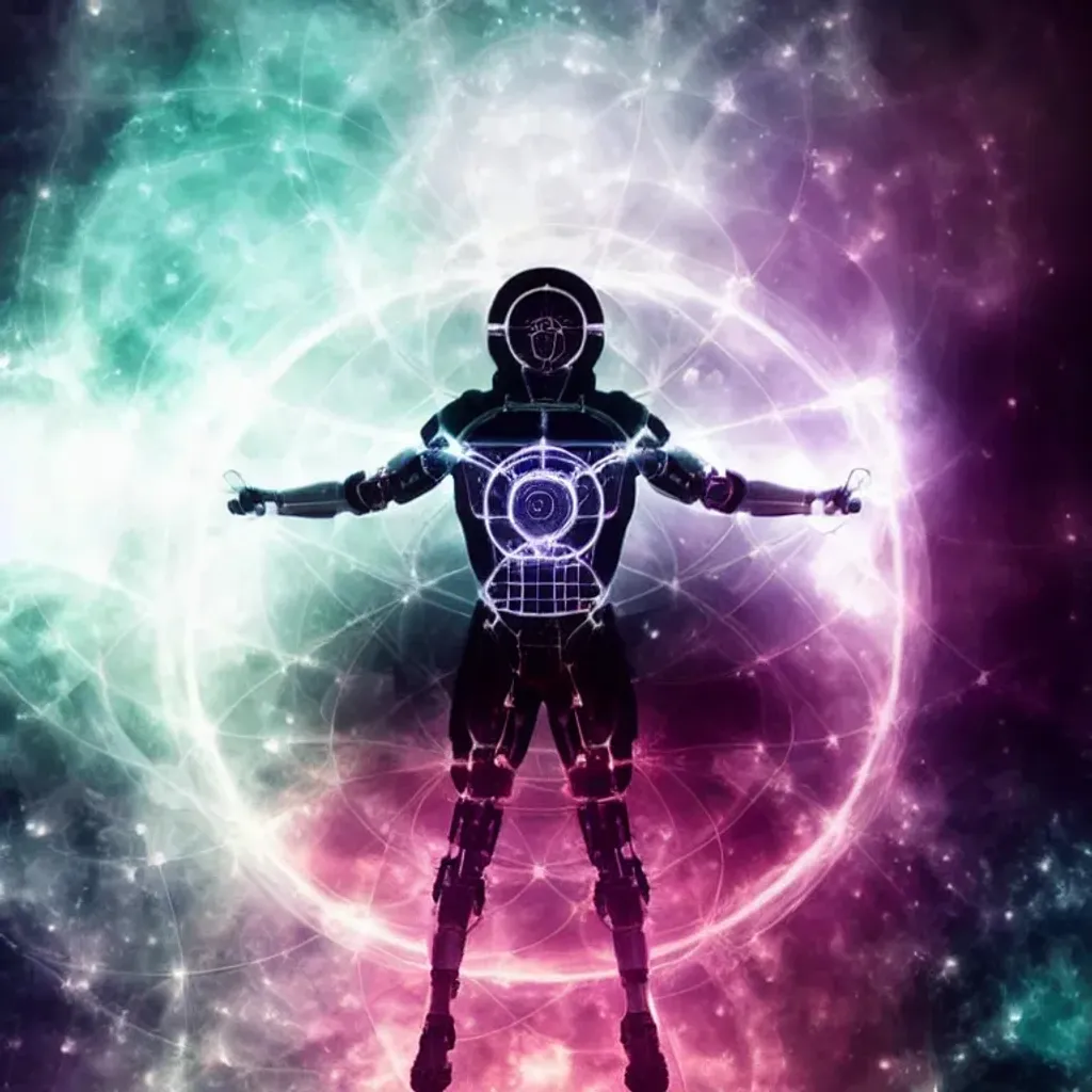 Prompt: A perfectly centred photograph of a cybernetic Vitruvian man by Leonardo DaVinci, double exposure, a nebula  showing through the figure on a white background, muted colours, super highly detailed, professional digital painting, artstation, concept art, Unreal Engine 5, photorealism, HD quality, 8k resolution, cinema 4d, 3D, beautiful, cinematic, Photo Manipulation by Alberto Seveso