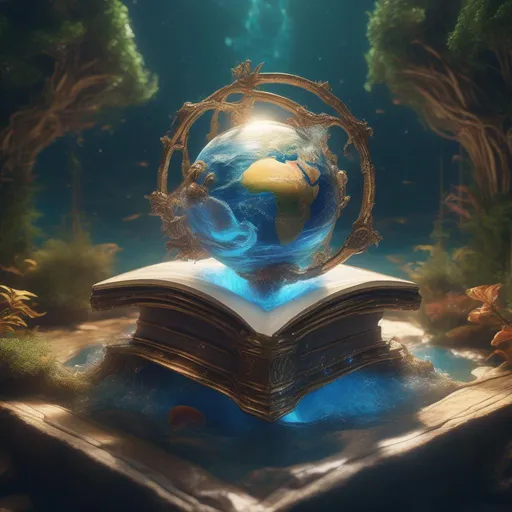 Magic floating open grimoire showing earth, nature a...