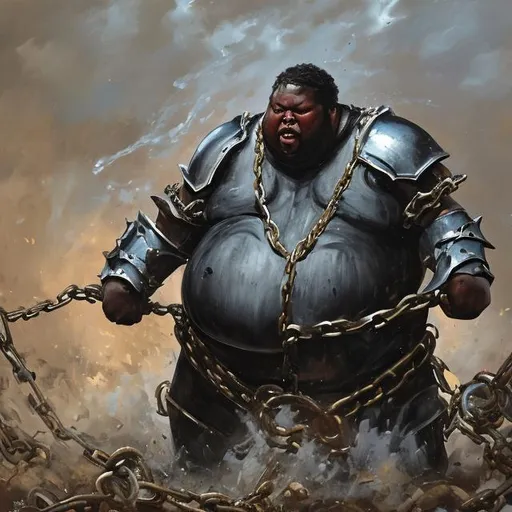 Prompt: Oil painting of fat black man with chain armor fighting in battle