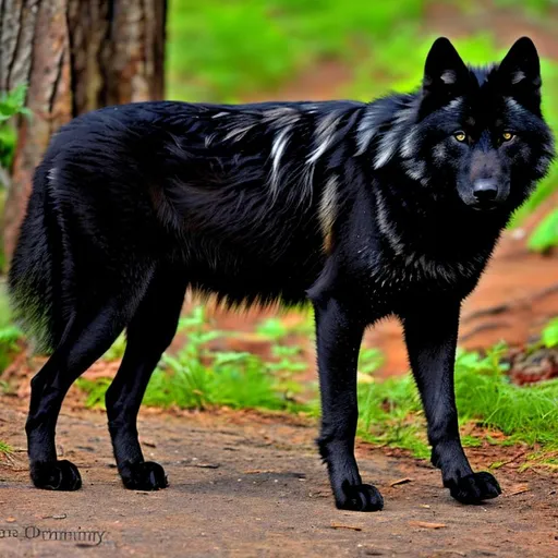 Prompt: A black wolf with green eyes and one white paw standing in the woods