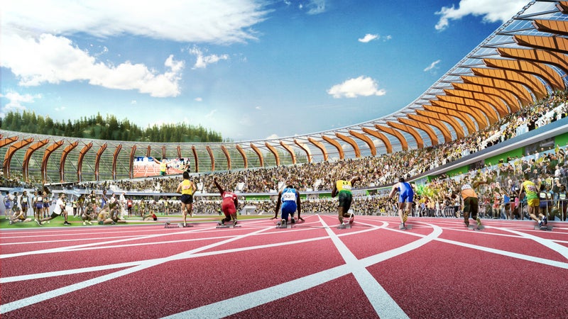 A track-level rendering of the new stadium