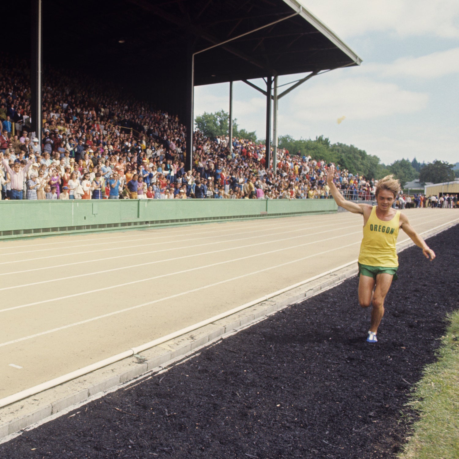 Steve Prefontaine running at Hayward Field in June, 1972.