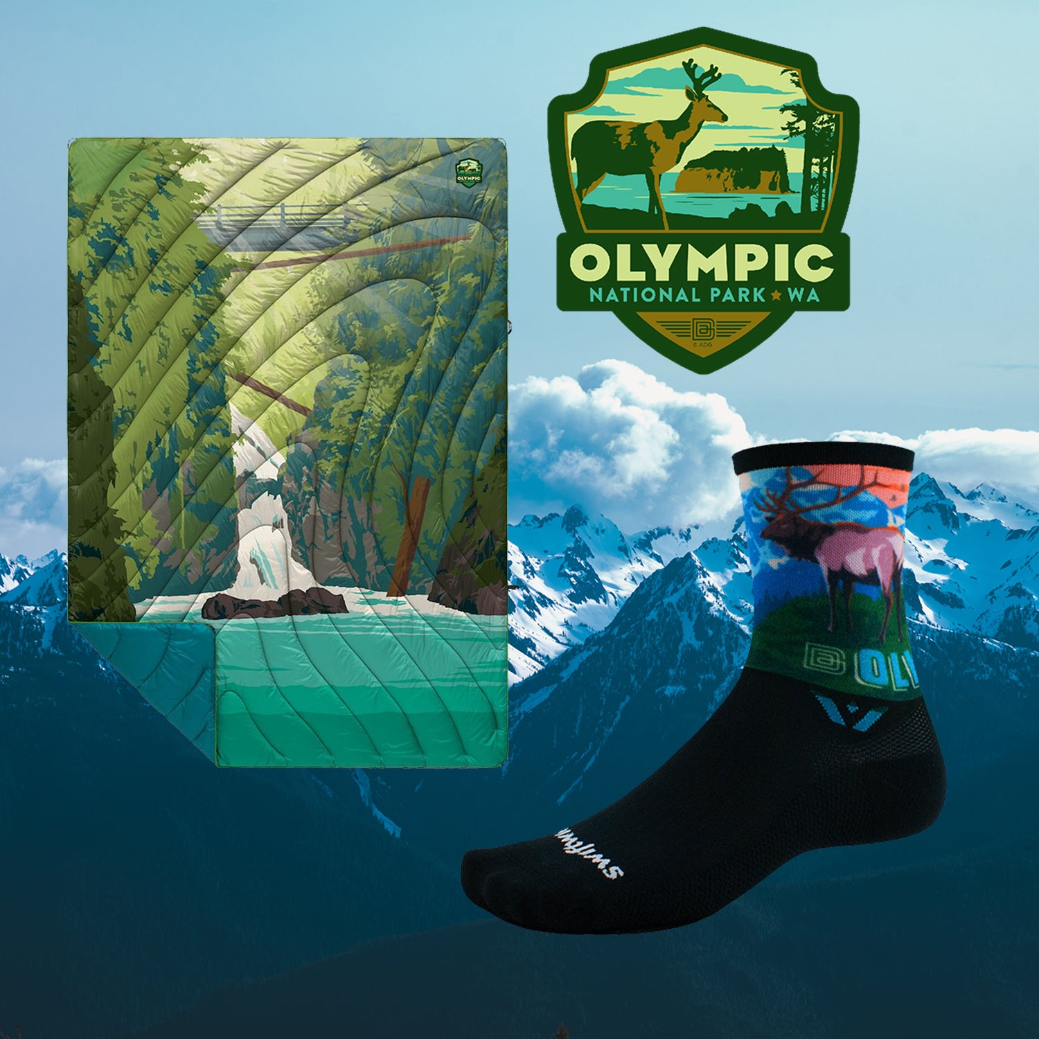 National Parks gear over an image of Olympic National Park