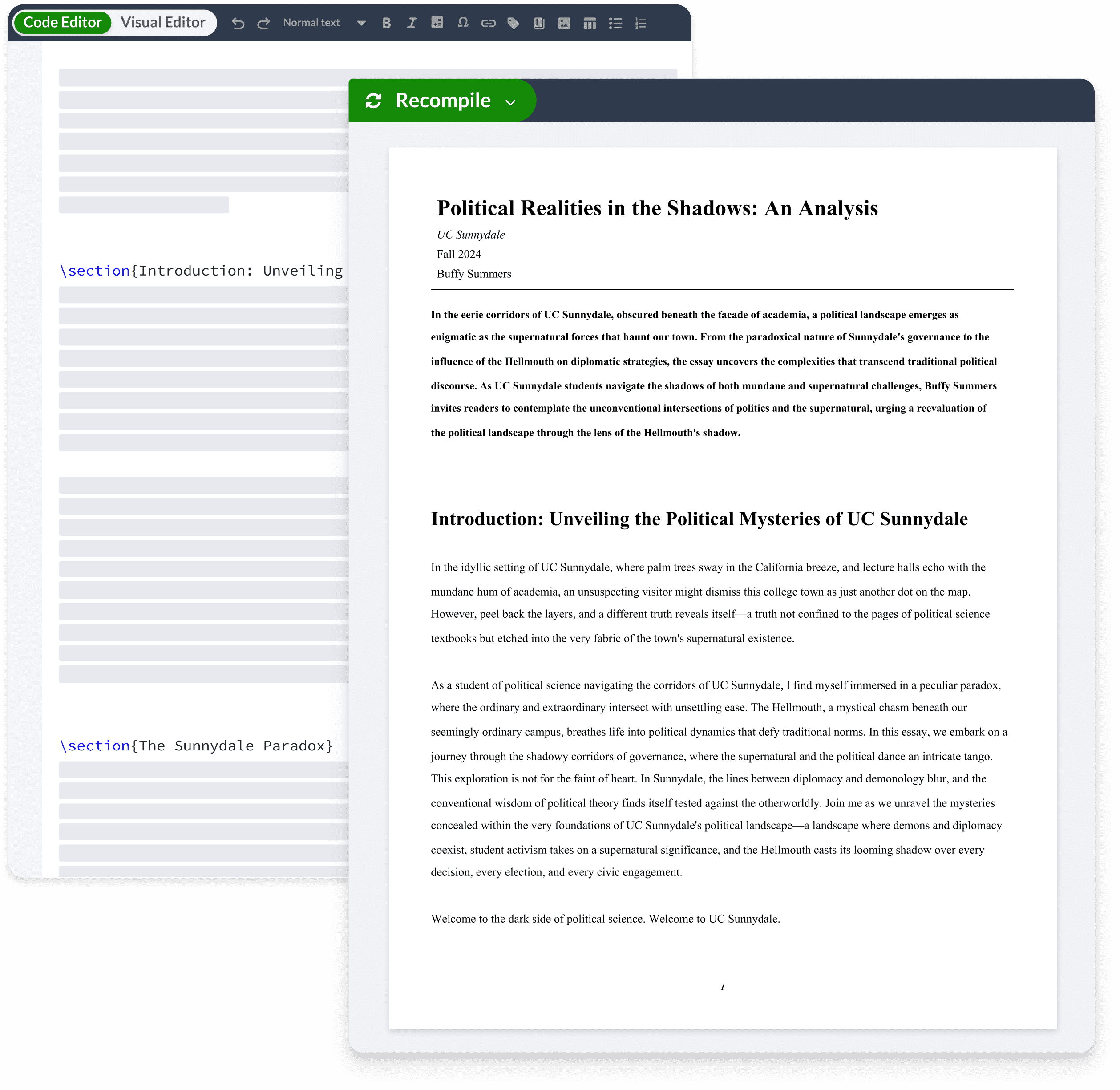 An essay on political realities, written in Overleaf.