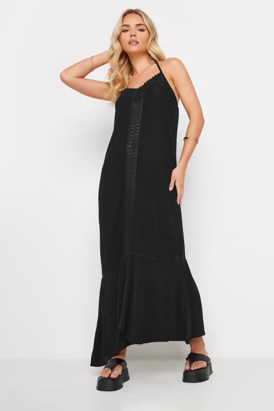 Petite  PixieGirl Black Crochet Trim Halter Neck Maxi Dress